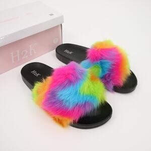H2K Slides Sandals Rainbow Faux Fur Fuzzy Multicolor Open Toe Slip On Size 10